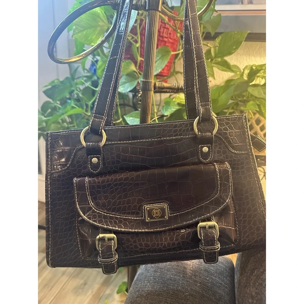 Vintage Brown Leather Alligator Accents Shoulder Bag Excellent Cond.